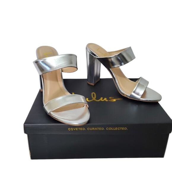 NIB Lulu's | Marlowe Silver Metallic High Heel Sandals Chunky Heel - Picture 2 of 11